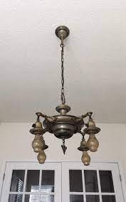 Antique Hanging 4 Light Chandelier 1907 Pressed Brass Rewired Restored Original Nickel Decor Patina Chandelier Lighting Chandelier Brass Chandelier