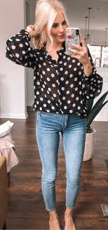 Black And White Polka Dot Top Outfit Black And White Polka Dot Blouse Spring Outfits Cute Spring Outfits Spring Outfits Polka Dot Top Outfit