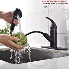 Rinse out dishware with the smooth stream from this designer faucet and handle set, which comes with a side sprayer for convenience. Matte Black Oil Rubbed Bronze Kitchen Faucet Pull Out Sprayer