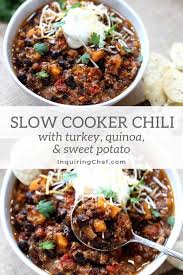 Slow Cooker Turkey Quinoa And Sweet Potato Chili Recipe In 2020 Sweet Potato Chili Slow Cooker Turkey Sweet Potato Chili Slow Cooker