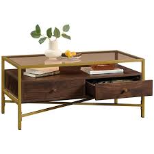 As an amazon associate i earn from qualifying purchases. Sauder Harper Heights Glass Top Storage Coffee Table In Rich Walnut And Gold 426449
