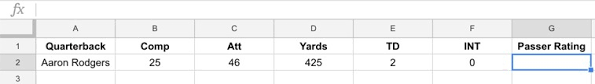 A score of 1.0 is supposed to be average. How To Calculate Nfl Passer Rating Using A Formula In Excel Or Google Sheets By Gary Zilavy Medium