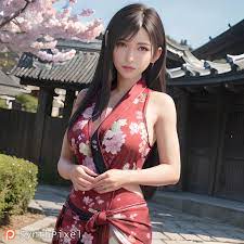 1girls ai generated brown eyes brown hair detailed female final  fantasy final fantasy vii final fantasy vii remake high quality highres  kimono light-skinned female long hair looking at viewer
