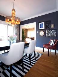 Black And White Striped Dining Chairs Eclectic Dining Room With Blue Suede Wallpaper Striped Rug Dining Room Blue Eclectic Dining Room Glamourous Dining Room