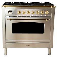 1) place range in proper location with back of range against rear wall. Hallman 36 In 3 55 Cu Ft Single Oven Italian Gas Range With True Convection 5 Burners Griddle Brass Trim Stainless Steel Hgr36bsss The Home Depot