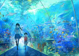 Konosuba anime art youtube drawing, aqua, cg artwork, fictional character png. Animal Biiji Black Hair Fish Ice Cream Original Seifuku Underwater Water Konachan Com Anime Background Anime Scenery Animation Art