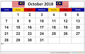 October 2018 Calendar Malaysia Calendar October Calendar October