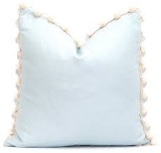 Baby Blue Linen Pillow Cover With Cream Ball Fringe Contemporary Decorative Pillows By Pillowfever