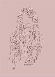 Minimal Girl With Flowers In Hair Line Print Outline Art Line Art Drawings Embroidered Canvas Art