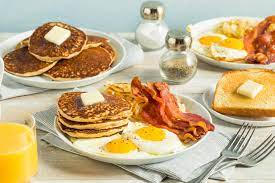 Healthy Full American Breakfast With Eggs Bacon And Pancakes Full American Breakfast Food Pancakes And Bacon