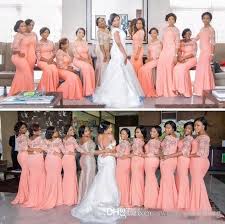 Nigerian African Plus Size Bridesmaid Dresses 2019 Coral Half Long Sleeves Top Lace Sweep Train Maid Of Honor Evening Occasion Gowns Cheap Children Bridesmaid D Coral Bridesmaid Dresses Mermaid Bridesmaid Dresses
