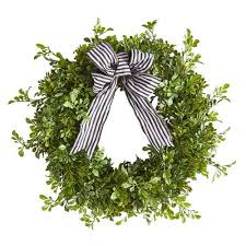 Black And White Striped Ribbon Wreath 22 Faux Boxwood Wreath With Black White Ribbon Black And White Ribbon Boxwood Wreath Boxwood Wreath Decor