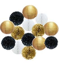 Black And Gold Pom Poms Decorations 14 Pcs Mixed Hot Gold Black And White Color Paper Lanterns Paper Balls Paper Pom Poms Themed Gold Theme Party White Party Decorations Gold Party Decorations