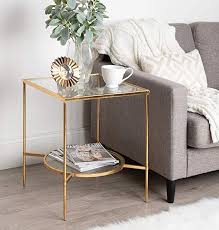 Amazon Com Kate And Laurel Tulare Metal And Glass Side Accent Table With Shelf Gold Kitchen Dining Furniture Unique Bedside Tables End Tables