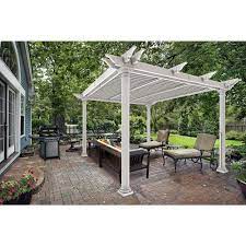 Vita Preston 10 Ft X 10 Ft White Vinyl Louvered Pergola With Round Posts Va42093 The Home Depot Vinyl Pergola Louvered Pergola Aluminum Pergola