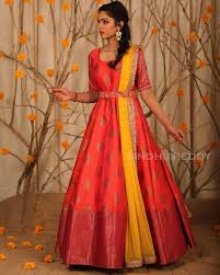 Stunning Red Color Floor Length Benarasi Ananrkali Dress With Yellow Color Net Dupatta Ananrkali Dress With Waist Long Dress Design Frock For Women Sari Dress