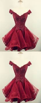 Short Burgundy Lace Off Shoulder Organza Layered Prom Cocktail Dresses For Homecoming Party Cocktail Dress Prom Red Cocktail Dress Evening Dresses Prom