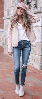 Hinge Feminine Leather Moto Jacket In Beige Morn Still Available B P Ribbed V Neck Tee A G The Legging Rippe Pre Fall Outfits Outfits Fall Outfits
