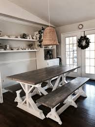 Two Tone Weathered Gray X Farmhouse Table And Benches Ana White In 2020 Farmhouse Dining Rooms Decor Farmhouse Table With Bench Farmhouse Kitchen Tables
