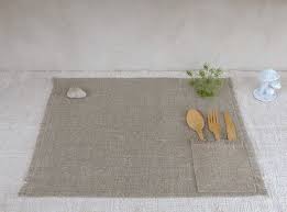 Set De Table Lin Brut Naturel Frange Avec Poche Set De Table Table De Couture Table Faite Main