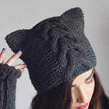 Great for halloween costumes, photo props, or everyday. Pattern Knitted Hat Cat Ears Gray Cap Hand Knit Animal Ears Hat Womans Beanie Knitted Hats Hand Knitting Hat Knitting Patterns