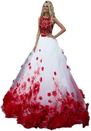 Many brides and grooms choose to offer at least two other kinds of wine on their wedding menus: Amazon Com Lazacos Women S Two Piece Red And White Wedding Dress Embroidery Flower Lace Bridal Gown Clothing