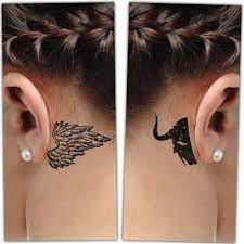 Woman With Behind The Ear Angel And Demon Tattoo Ear Tattoo Ideas Behind The Ear Tattoo Tattoo Behind Ear