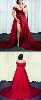 Charming A Line Plus Size Long Satin High Split Prom Dresses V Neck Off Shoulder Evening Gowns Plus Size Red Dress Red Prom Dress Plus Size Evening Gown