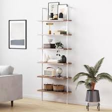 Shop online or at 270+ stores. Nathan James Theo Rustic Oak Wood 6 Shelf Tall Ladder Bookcase Wall Mount Bookshelf Matte White Metal Frame 65602 The Home Depot Wall Mounted Bookshelves Bookcase Wall Ladder Bookcase