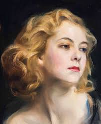 FREE SHIPPING Girl in Night Gown Portrait Art Vintage Female Portrait  Painting Blonde Woman Art