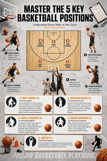 The five basketball positions and their responsibilities: point guard, shooting guard, small forward, power forward, and center