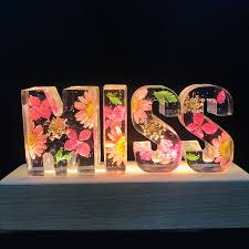 Epoxy resin preserved flowers in resin, real flower wall art, reveal video, #maiaandthewildflower #resincrafts. Dried Flowers Resin Name Lamp Custom Letter Led Lamp Dried Flower Gift In Personalized