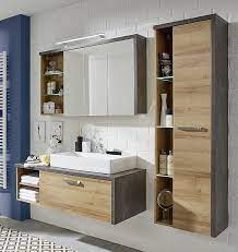 Kleines badezimmer mit offener dusche, die durch eine glaswant abgetrennt ist, bad im industriedesign, industrielook im. Badezimmer Set Bay Inkl Waschbecken Eiche Honig Beton 4 Teilig