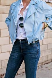 The Street Style Blue Jackets Outfits Blue Leather Jacket Light Blue Jacket Outfit