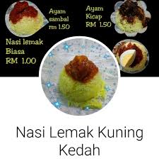 Nasi lemak is a dish originating in malay cuisine that consists of fragrant rice cooked in coconut milk and pandan leaf. Nasi Lemak Kuning Kedah Home Facebook