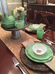 Fire King Primrose And Jadeite Table Setting Table Settings Console Table Decorating Table Decorations