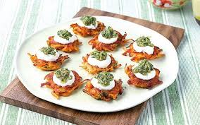 Great Vegetarian Canape Sweet Potato And Ginger Rosti With Coriander Pesto By Eric Treuille And Vi Sweet Potato Vegetarian Vegetarian Canapes Bbq Party Food