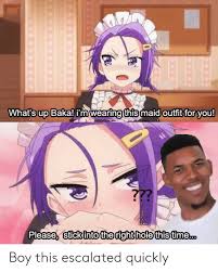 What S Up Baka Im Wearing This Maid Outfit For You Please Stick Intothe Right Hole This Timec Boy This Escalated Quickly Anime Meme On Me Me