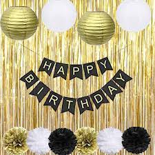 Black Gold Party Decorations With Happy Banner Lantern Flower Black And Gold Party Decorations Birthday Party Decorations For Adults Gold Party Decorations Diy