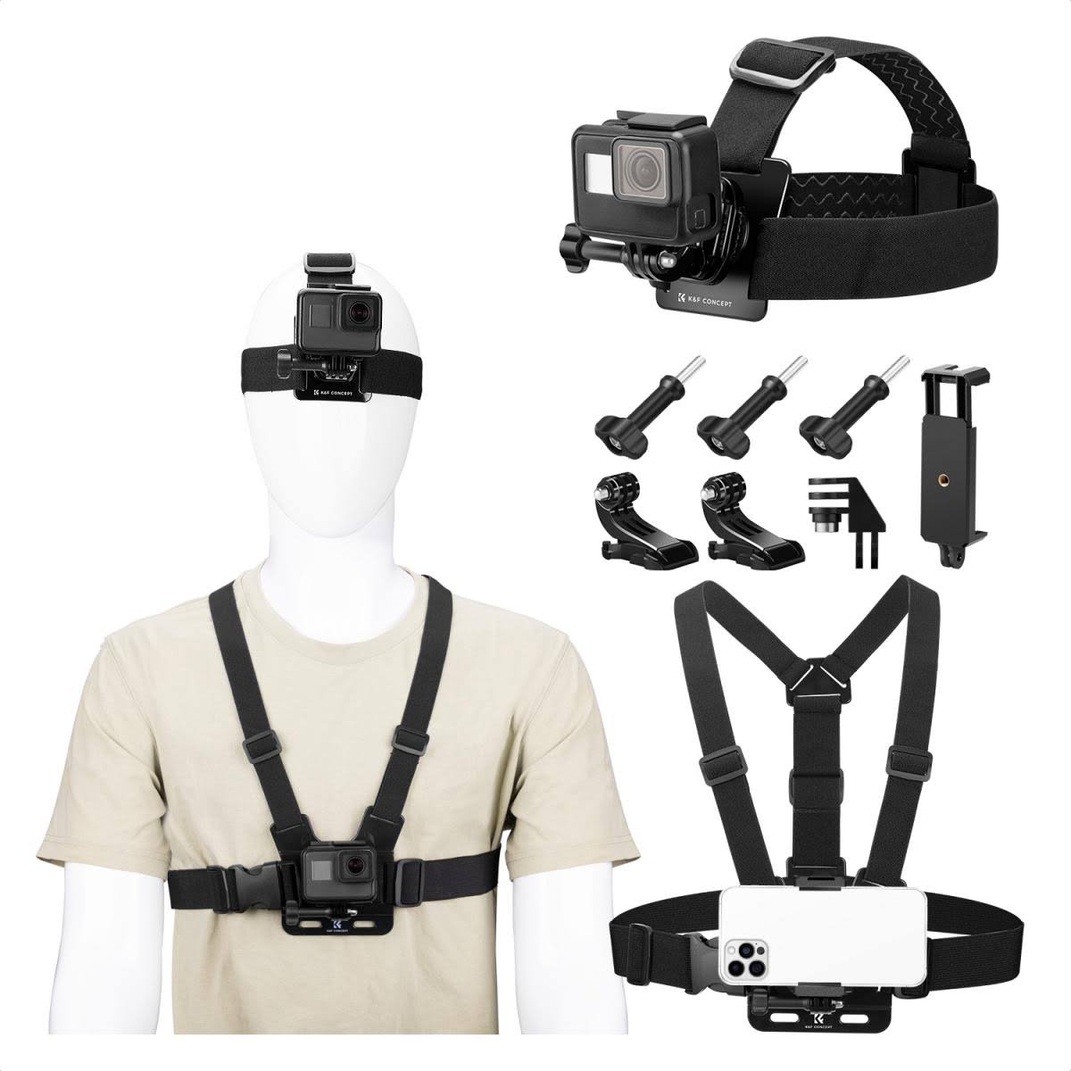 K&F Concept Head Strap & Chest Mount Set for GoPro Hero 13 12 11 10 9 8 7 6 5 4 Session DJI Osmo Action Cameras