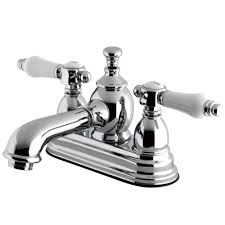 Kingston Brass Vintage Porcelain 4 In Centerset 2 Handle Mid Arc Bathroom Faucet In Chrome Hks7001bpl The Home Depot Bathroom Faucets Vintage Porcelain Bathroom Faucets Chrome