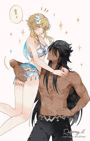 quinny il, capitano (genshin impact), lumine (genshin impact), lumine (hot  springs) (genshin impact), genshin impact, absurdres, highres, !, 1boy,  1girl, abs, bikini, black hair, black male swimwear, blonde hair, breasts,  carrying, closed