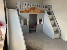 Build sliding barn door loft bed diy camp loft bed with stair: I Just Finished Building My Daughter This Loft Bed Playhouse Slide Woodworking