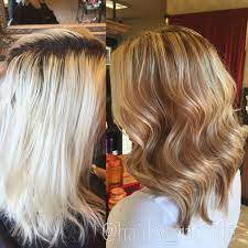 Corrective Color Before And After Platinum Blonde To Warm Golden Honey Blonde Hair Color Hair By Rachel Fife Honey Blonde Hair Honey Hair Platinum Blonde
