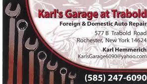 More auto repair & service in the area. Business Card From Karls Garage At Trabold In Rochester Ny 14624