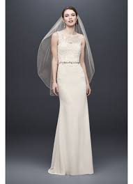 Crepe Sheath Wedding Dress With Illusion Neckline David S Bridal Davids Bridal Dresses Wedding Dresses Bridal Gowns