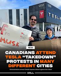 The Tesla Takedown movement, which began in early 2025, has gained  significant momentum across Canada, with protests in cities such as Ottawa,  Vancouver, Surrey, and Innisfil. These demonstrations are primarily driven  by