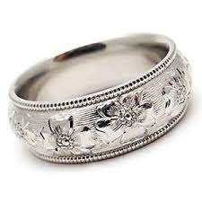 Hawaiian Flower Motif Engraved Wedding Band Solid Platinum Wedding Band Engraving Hawaiian Wedding Rings Custom Wedding Rings