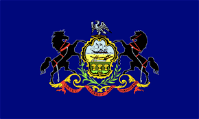 The pennsylvania state flag the blue state flag of pennsylvania depicts a shield bearing the state's coat of arms protected by an eagle and supported by two horses. Welcome To Usa 4 Kids Pennsylvania Flag History
