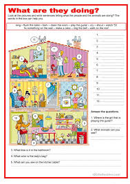 What Are They Doing In The House Present Continuous English Esl Worksheets In 2020 Picture Comprehension Worksheets For Kids Picture Composition